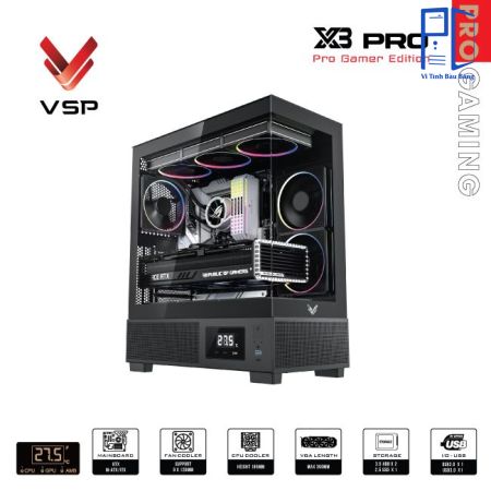 THÙNG MÁY VSP X3 PRO GAMER EDITION MONITOR – ĐEN (Không kèm fan)
